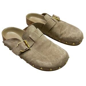 Veronica Beard | Fern Taupe Suede Studded Clog Mules Buckle Slides Shoes Size 7